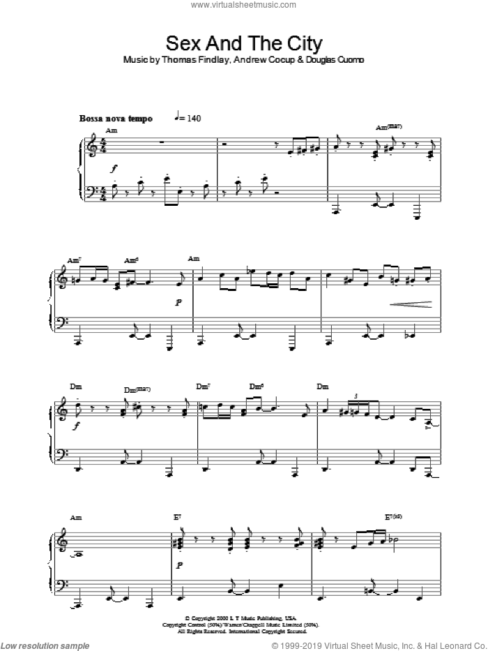 Theme from Sex And The City, (intermediate) sheet music for piano solo by Thomas Findlay, Andrew Cocup and Douglas Cuomo, intermediate skill level