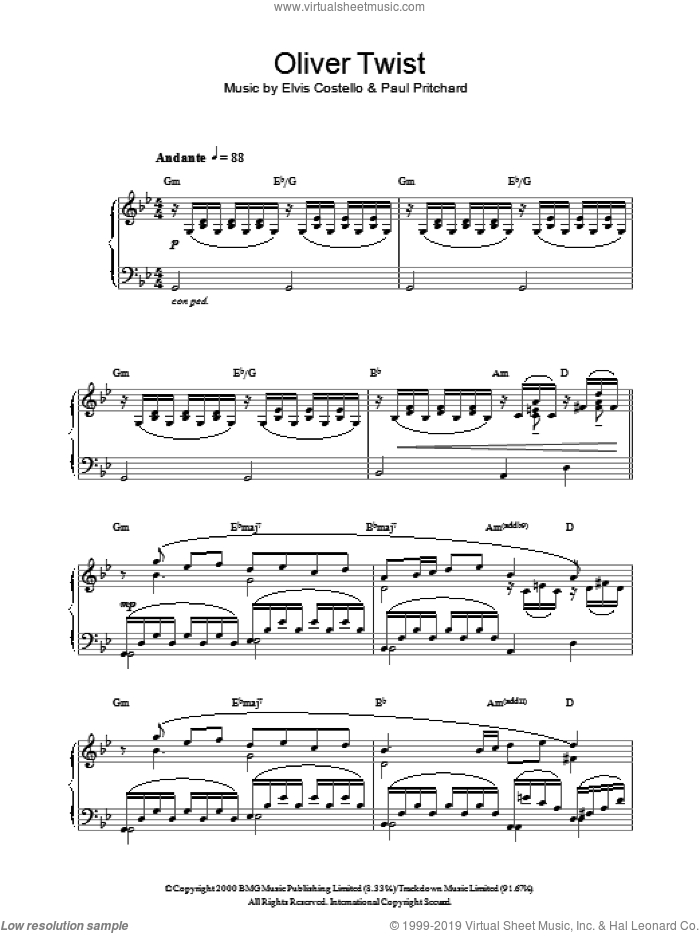 Oliver Twist sheet music for piano solo by Elvis Costello and Paul Pritchard, intermediate skill level