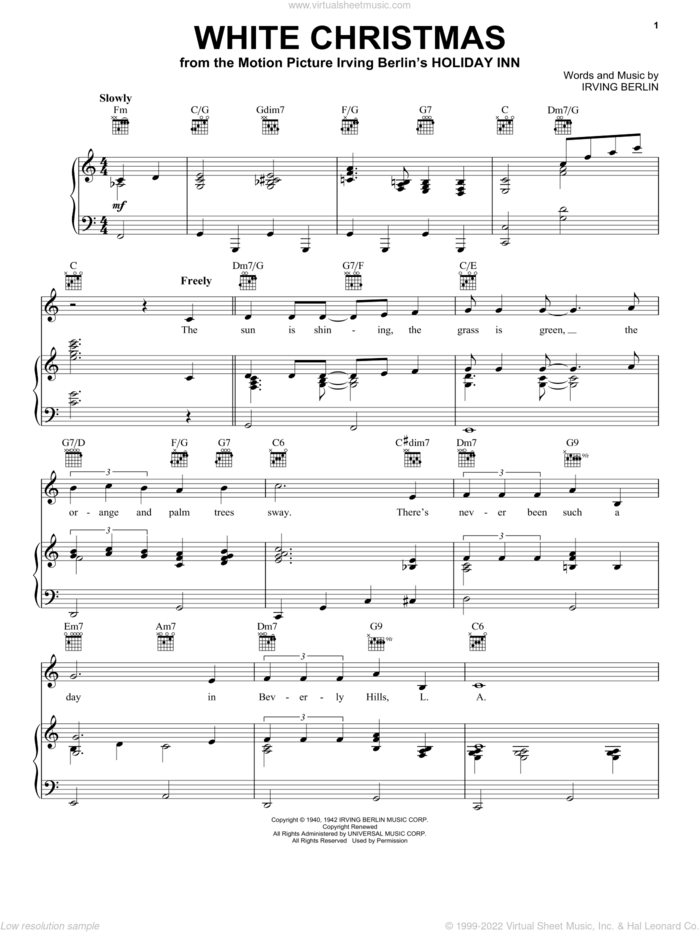 White Christmas sheet music for voice, piano or guitar by Irving Berlin, Bing Crosby, Frank Sinatra, Rosemary Clooney, The Beach Boys and White Christmas (Musical), intermediate skill level