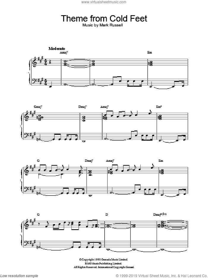 Theme from Cold Feet sheet music for piano solo by Mark Russell, intermediate skill level