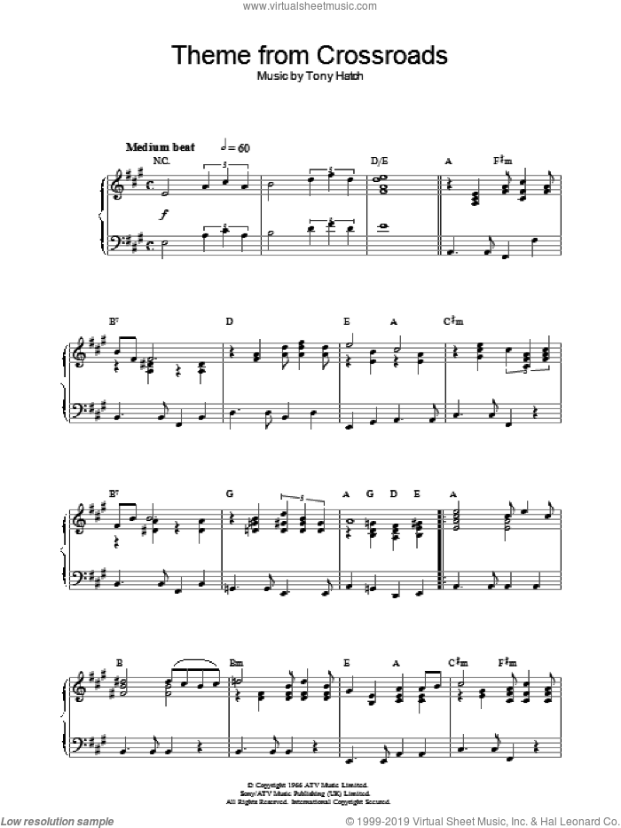 Theme from Crossroads sheet music for piano solo by Tony Hatch, intermediate skill level