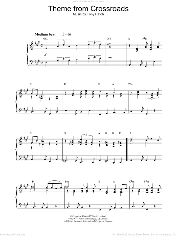 Theme from Crossroads sheet music for piano solo by Tony Hatch, intermediate skill level