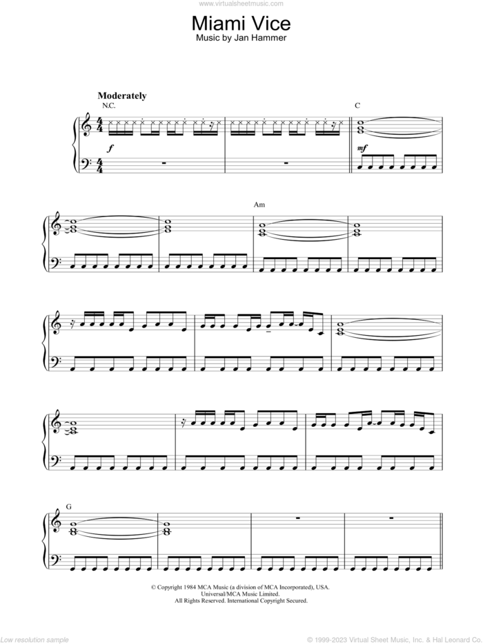 Theme from Miami Vice sheet music for piano solo by Jan Hammer, intermediate skill level