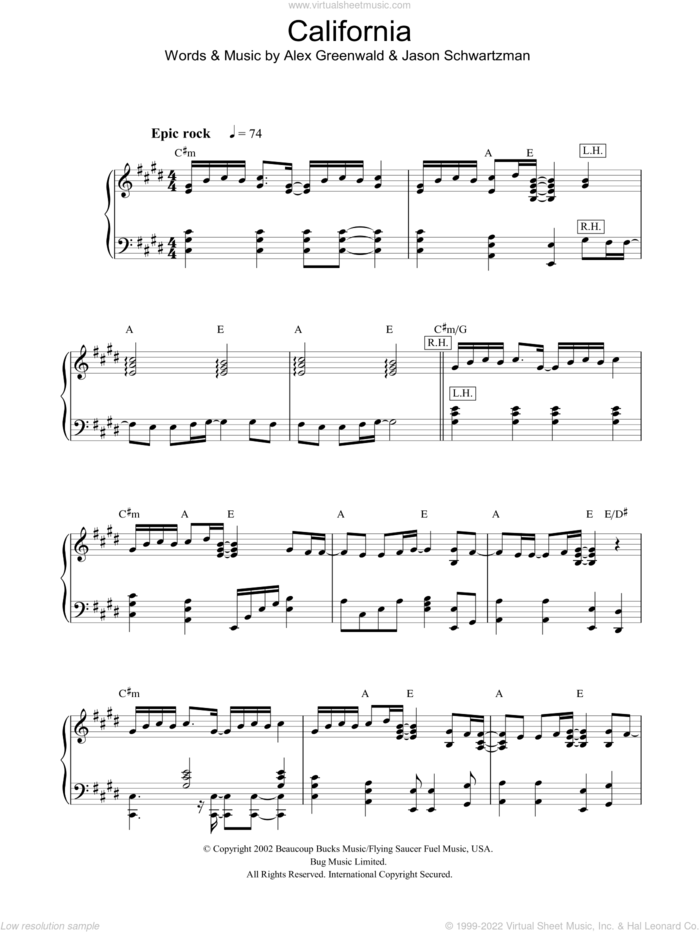 California (theme from The OC) sheet music for piano solo by Phantom Planet, Alex Greenwald and Jason Schwartzman, intermediate skill level