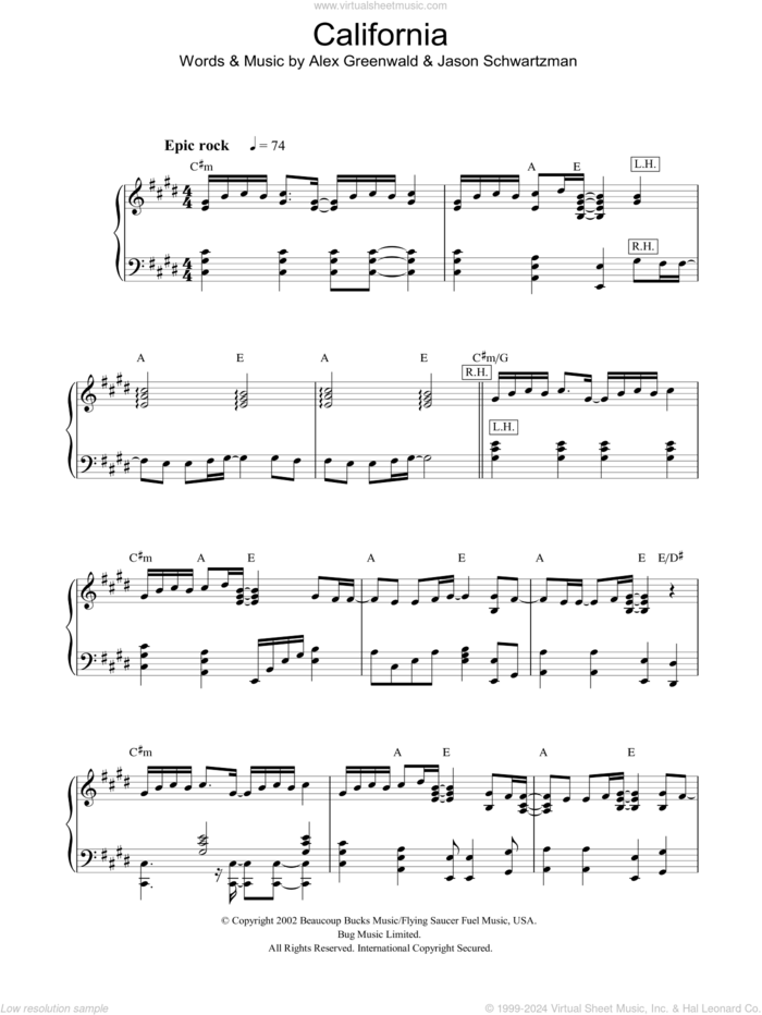 California (theme from The OC) sheet music for piano solo by Phantom Planet, Alex Greenwald and Jason Schwartzman, intermediate skill level