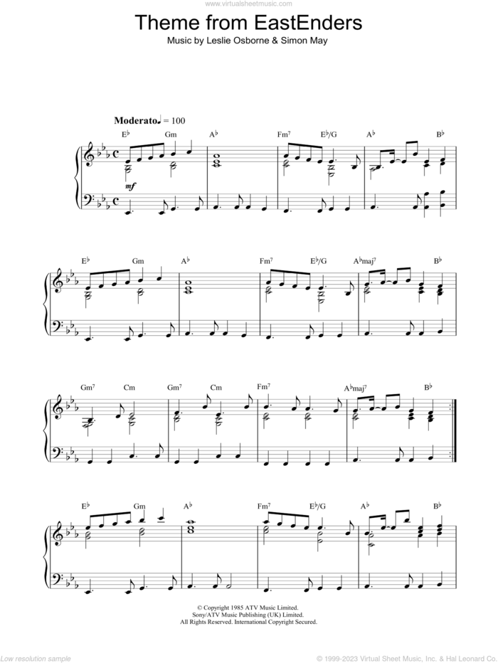 Theme From EastEnders sheet music for piano solo by Leslie Osborne and Simon May, intermediate skill level