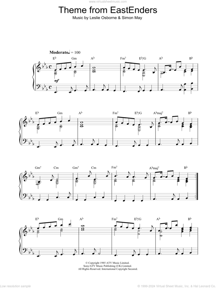 Theme From EastEnders sheet music for piano solo by Leslie Osborne and Simon May, intermediate skill level