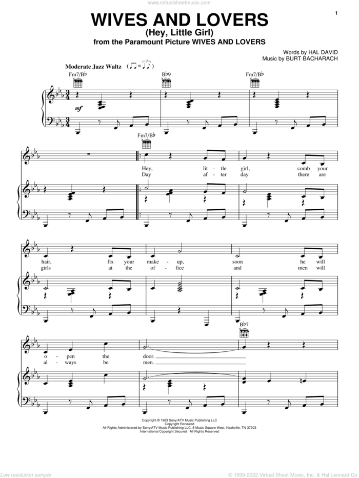 Wives And Lovers (Hey, Little Girl) sheet music for voice, piano or guitar by Bacharach & David, Burt Bacharach and Hal David, intermediate skill level
