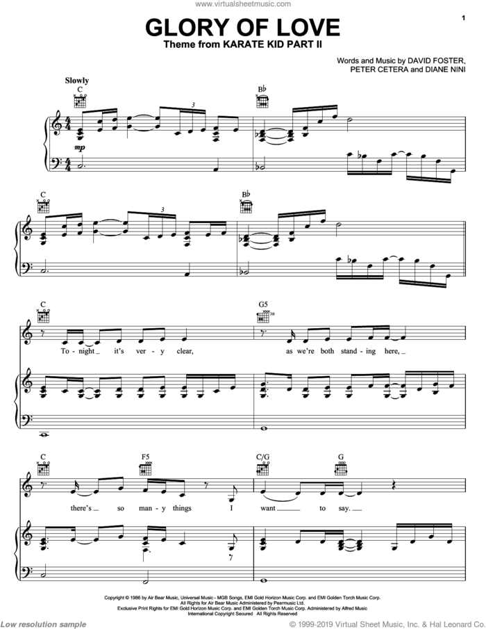 Glory Of Love sheet music for voice, piano or guitar by Peter Cetera, David Foster and Diane Nini, wedding score, intermediate skill level