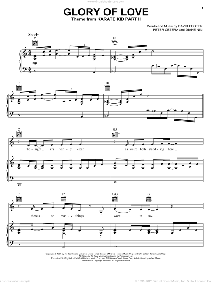 Glory Of Love sheet music for voice, piano or guitar by Peter Cetera, David Foster and Diane Nini, wedding score, intermediate skill level