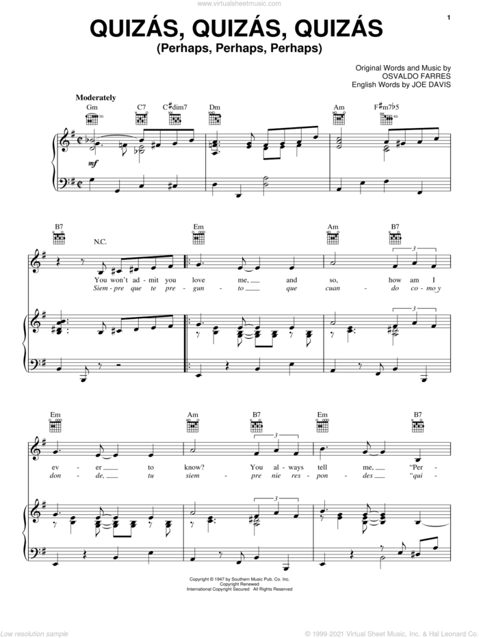Quizas, Quizas, Quizas (Perhaps, Perhaps, Perhaps) sheet music for voice, piano or guitar by Osvaldo Farres and Joe Davis, intermediate skill level