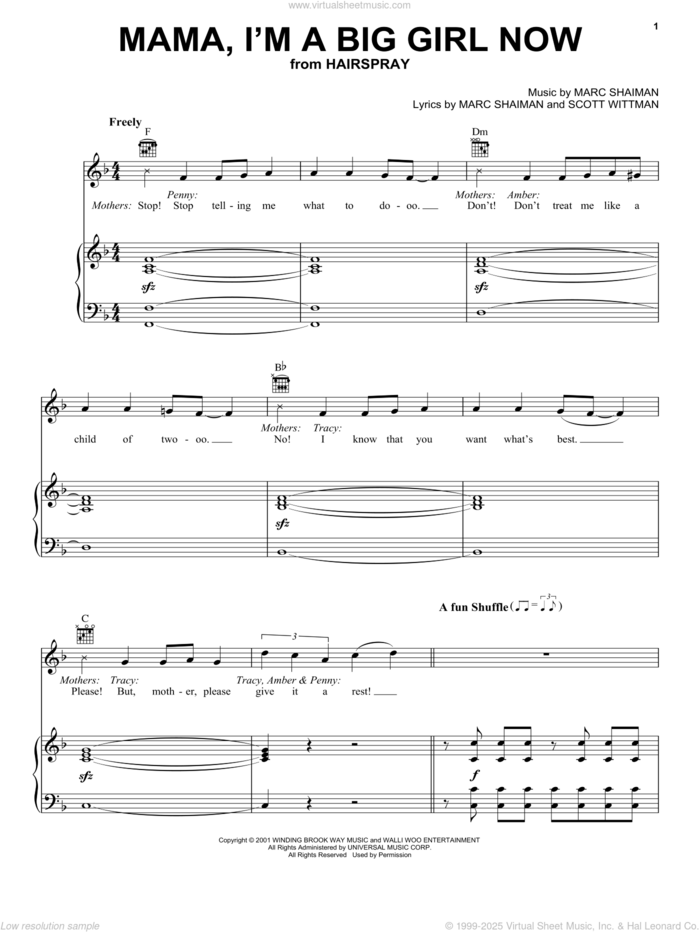 Mama, I'm A Big Girl Now sheet music for voice, piano or guitar by Marc Shaiman, Hairspray (Musical) and Scott Wittman, intermediate skill level