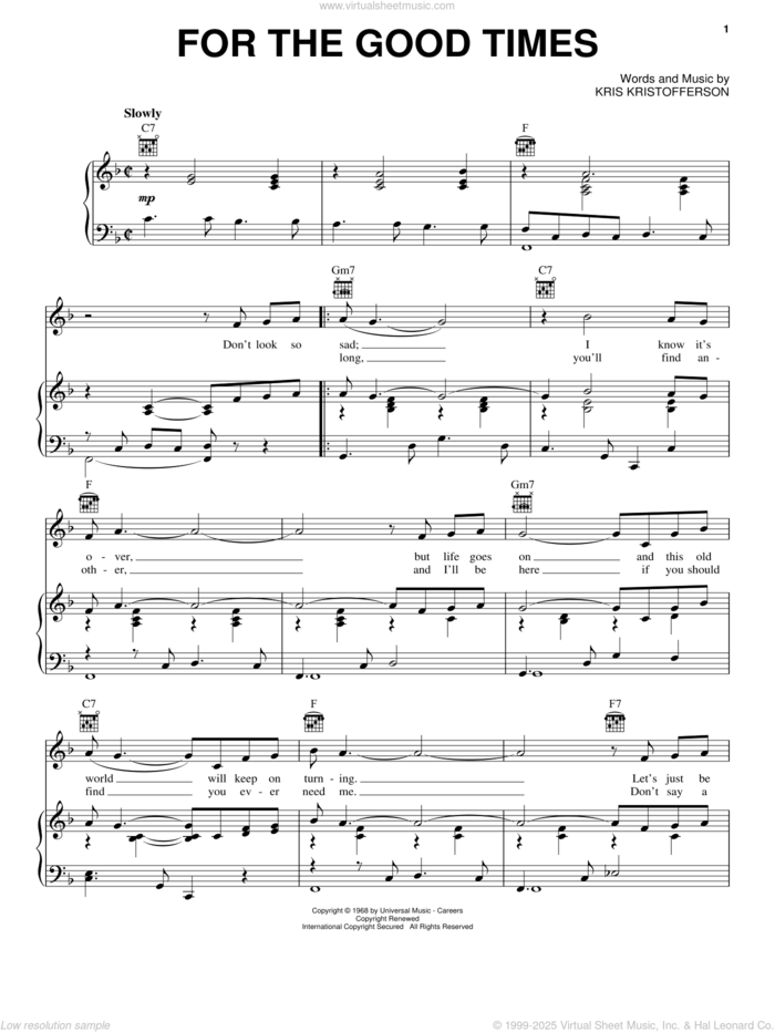 For The Good Times sheet music for voice, piano or guitar by Ray Price, Elvis Presley and Kris Kristofferson, intermediate skill level