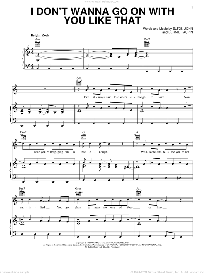 I Don't Wanna Go On With You Like That sheet music for voice, piano or guitar by Elton John and Bernie Taupin, intermediate skill level