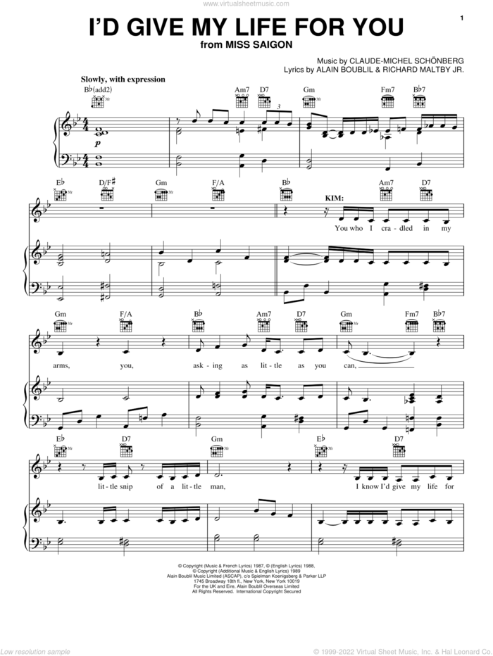 I'd Give My Life For You (from Miss Saigon) sheet music for voice, piano or guitar by Claude-Michel Schonberg, Miss Saigon (Musical), Alain Boublil, Boublil and Schonberg and Richard Maltby, Jr., intermediate skill level