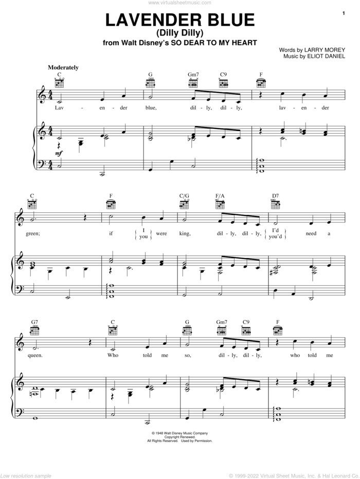 Lavender Blue (Dilly Dilly) (from So Dear To My Heart) sheet music for voice, piano or guitar by Burl Ives, Eliot Daniel and Larry Morey, intermediate skill level