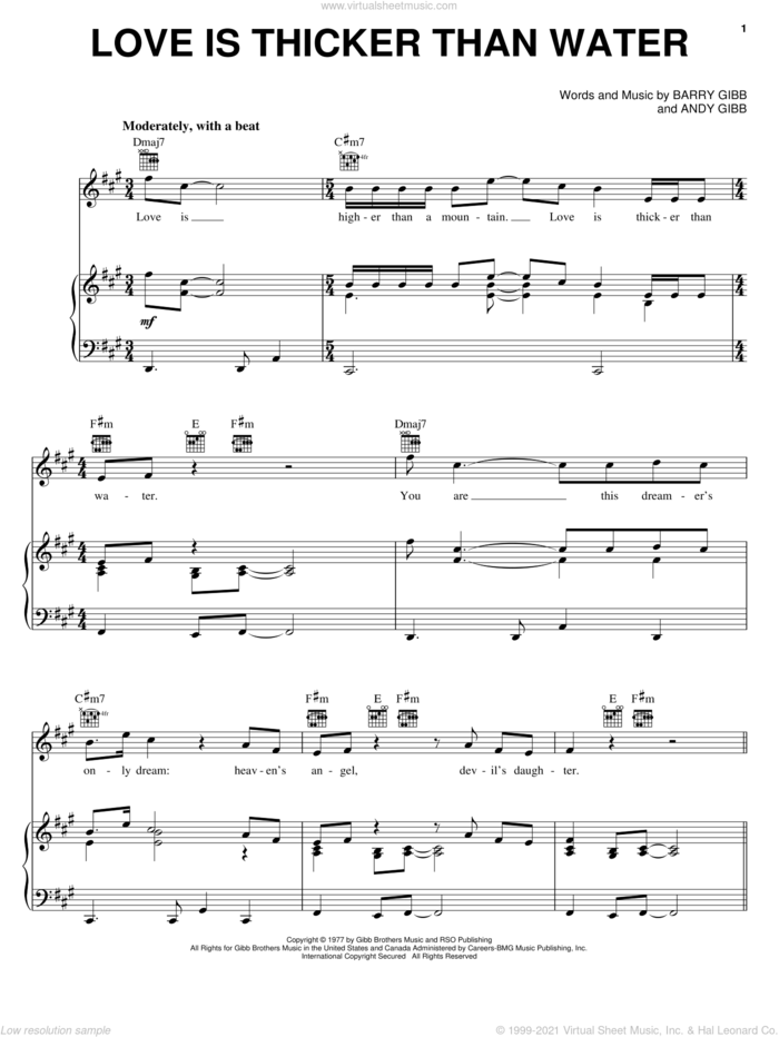 Love Is Thicker Than Water sheet music for voice, piano or guitar by Andy Gibb and Barry Gibb, intermediate skill level