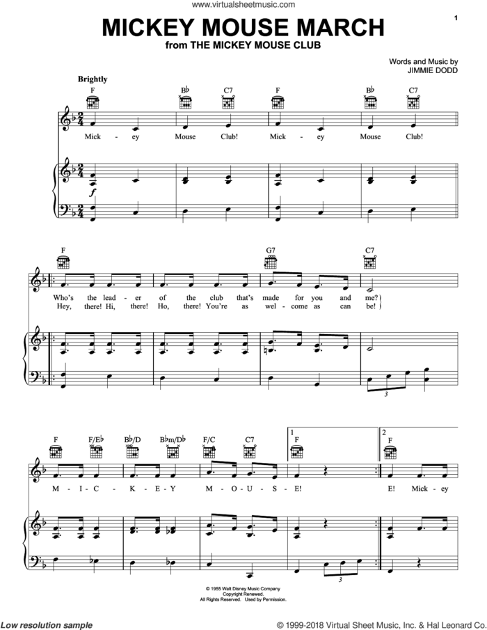 Mickey Mouse March (from The Mickey Mouse Club) sheet music for voice, piano or guitar by Jimmie Dodd, Ilene Woods, Linda Ronstadt, Al Hoffman, Jerry Livingston and Mack David, intermediate skill level