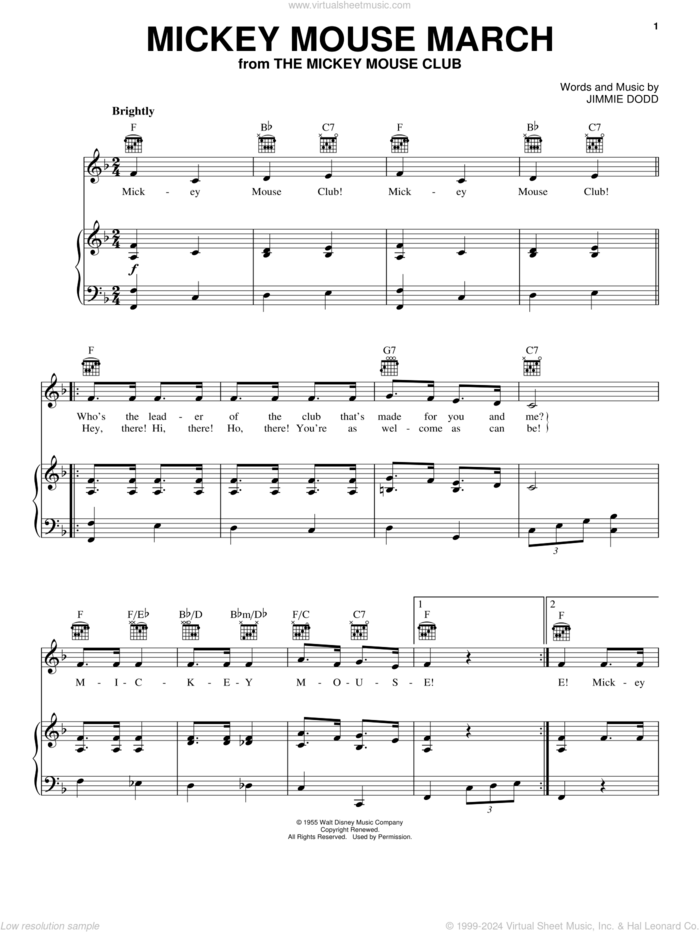 Mickey Mouse March (from The Mickey Mouse Club) sheet music for voice, piano or guitar by Jimmie Dodd, Ilene Woods, Linda Ronstadt, Al Hoffman, Jerry Livingston and Mack David, intermediate skill level