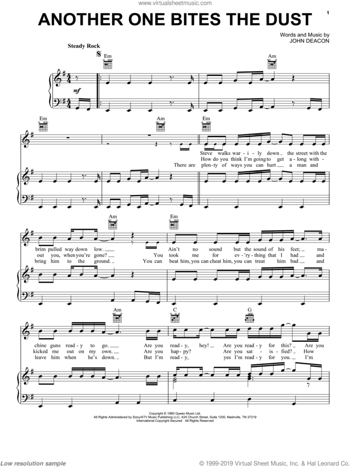 Another One Bites The Dust sheet music for voice, piano or guitar by Queen and John Deacon, intermediate skill level