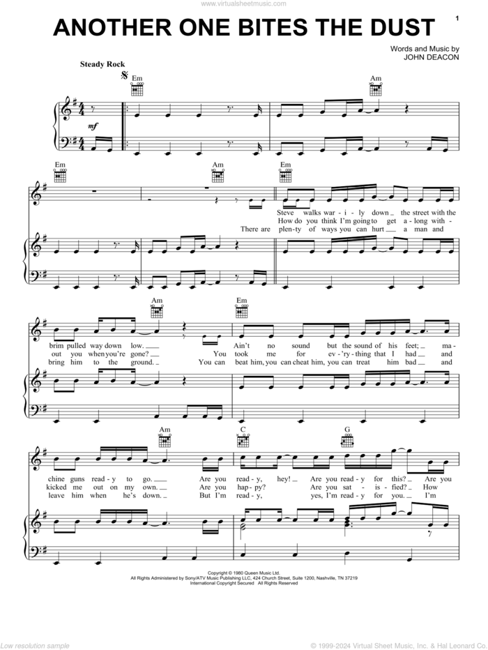 Another One Bites The Dust sheet music for voice, piano or guitar by Queen and John Deacon, intermediate skill level