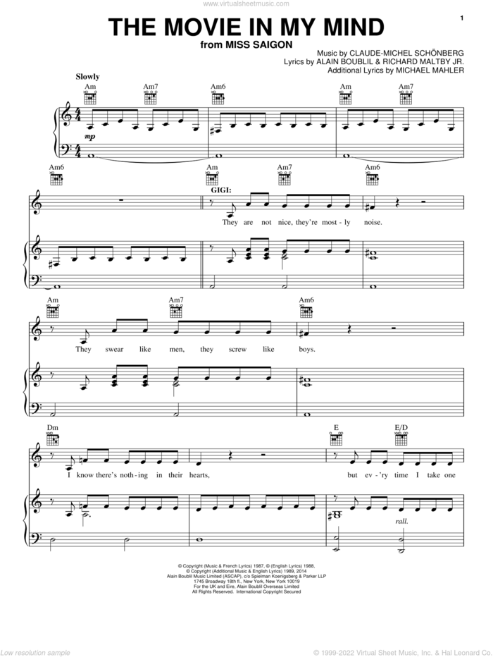 The Movie In My Mind (from Miss Saigon) sheet music for voice, piano or guitar by Claude-Michel Schonberg, Miss Saigon (Musical), Alain Boublil, Boublil and Schonberg and Richard Maltby, Jr., intermediate skill level
