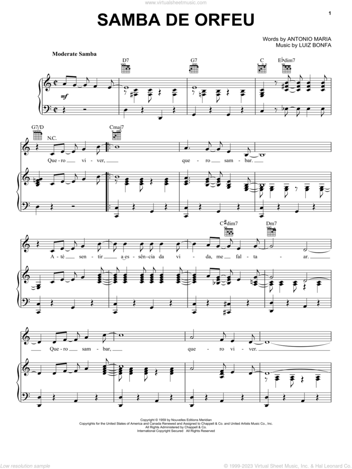 Samba De Orfeu sheet music for voice, piano or guitar by Luiz Bonfa, Paul Desmond and Antonio Maria, intermediate skill level