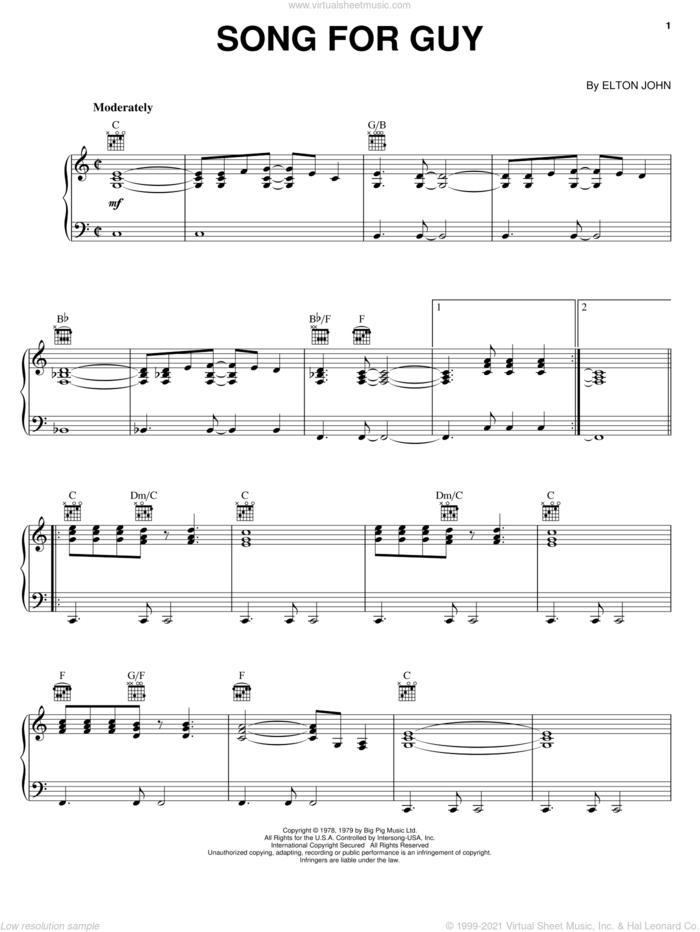 Song For Guy sheet music for voice, piano or guitar by Elton John, intermediate skill level
