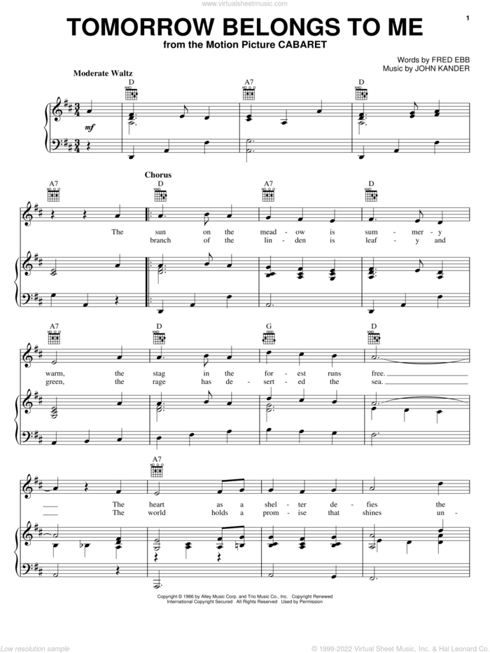 Tomorrow Belongs To Me sheet music for voice, piano or guitar by Kander & Ebb, Cabaret (Musical), Fred Ebb and John Kander, intermediate skill level