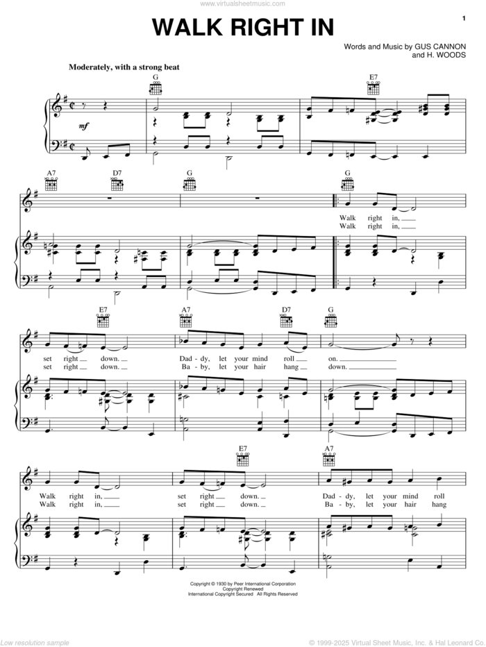 Walk Right In sheet music for voice, piano or guitar by The Rooftop Singers, Duane Eddie, Gus Cannon and Harry Woods, intermediate skill level