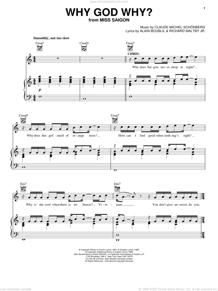 Why God Why? sheet music for voice, piano or guitar by Claude-Michel Schonberg, Miss Saigon (Musical), Alain Boublil and Richard Maltby, Jr., intermediate skill level