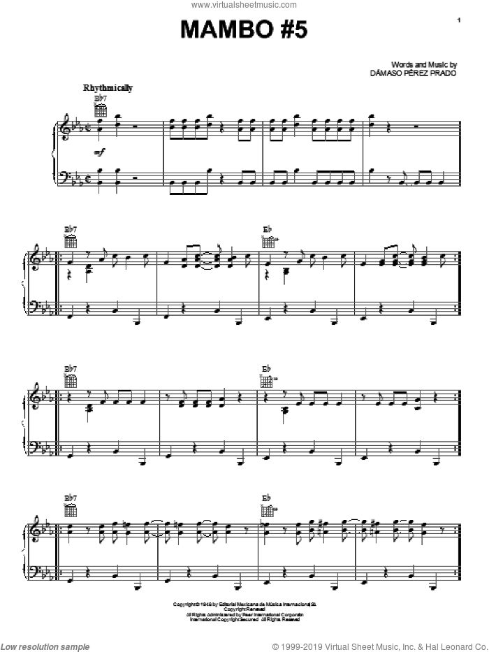 Mambo #5 sheet music for piano solo by Damaso Perez Prado and Perez Prado, intermediate skill level
