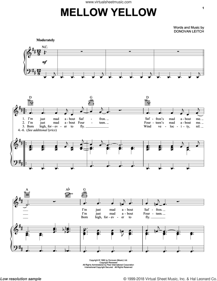 Mellow Yellow sheet music for voice, piano or guitar by Walter Donovan and Donovan Leitch, intermediate skill level