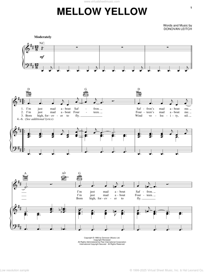 Mellow Yellow sheet music for voice, piano or guitar by Walter Donovan and Donovan Leitch, intermediate skill level