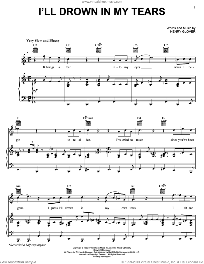 I'll Drown In My Tears sheet music for voice, piano or guitar by Ray Charles, Ray (Movie) and Henry Glover, intermediate skill level