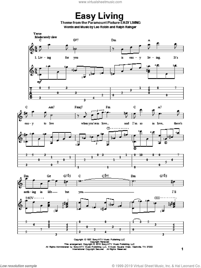 Easy Living sheet music for guitar solo by Billie Holiday, Leo Robin and Ralph Rainger, intermediate skill level