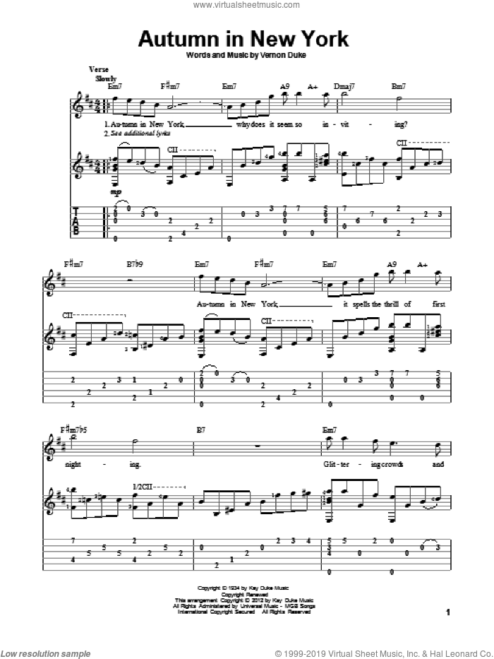 Autumn In New York sheet music for guitar solo by Vernon Duke, Bud Powell and Jo Stafford, intermediate skill level