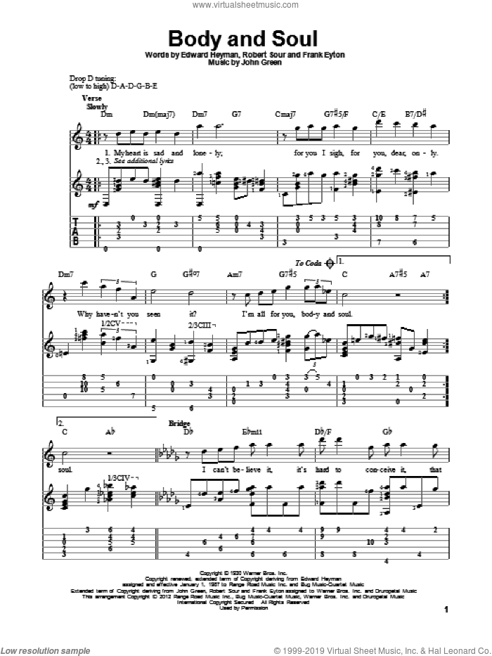 Body And Soul sheet music for guitar solo by Edward Heyman, Frank Eyton, Johnny Green and Robert Sour, intermediate skill level