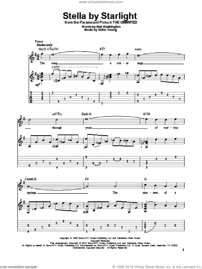 Stella By Starlight sheet music for guitar solo by Victor Young and Ned Washington, intermediate skill level