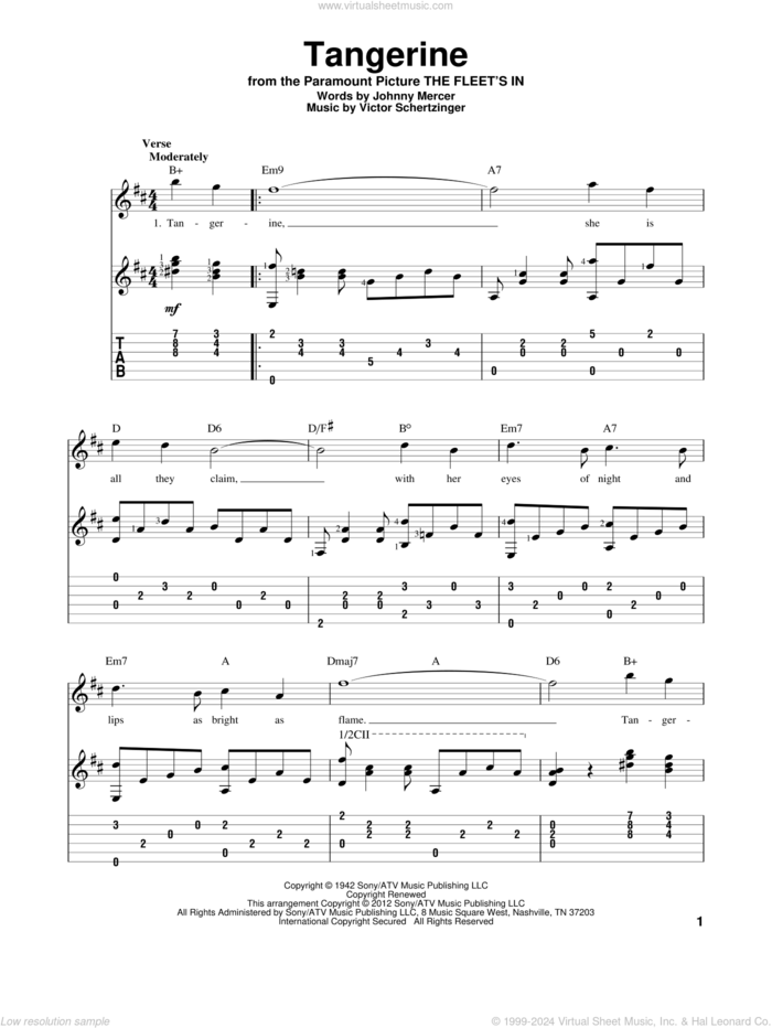 Tangerine, (intermediate) sheet music for guitar solo by Johnny Mercer and Victor Schertzinger, intermediate skill level
