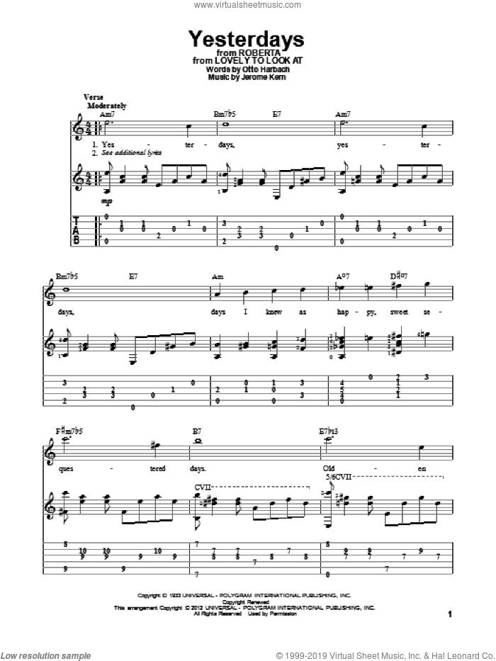 Yesterdays sheet music for guitar solo by Jerome Kern and Otto Harbach, intermediate skill level
