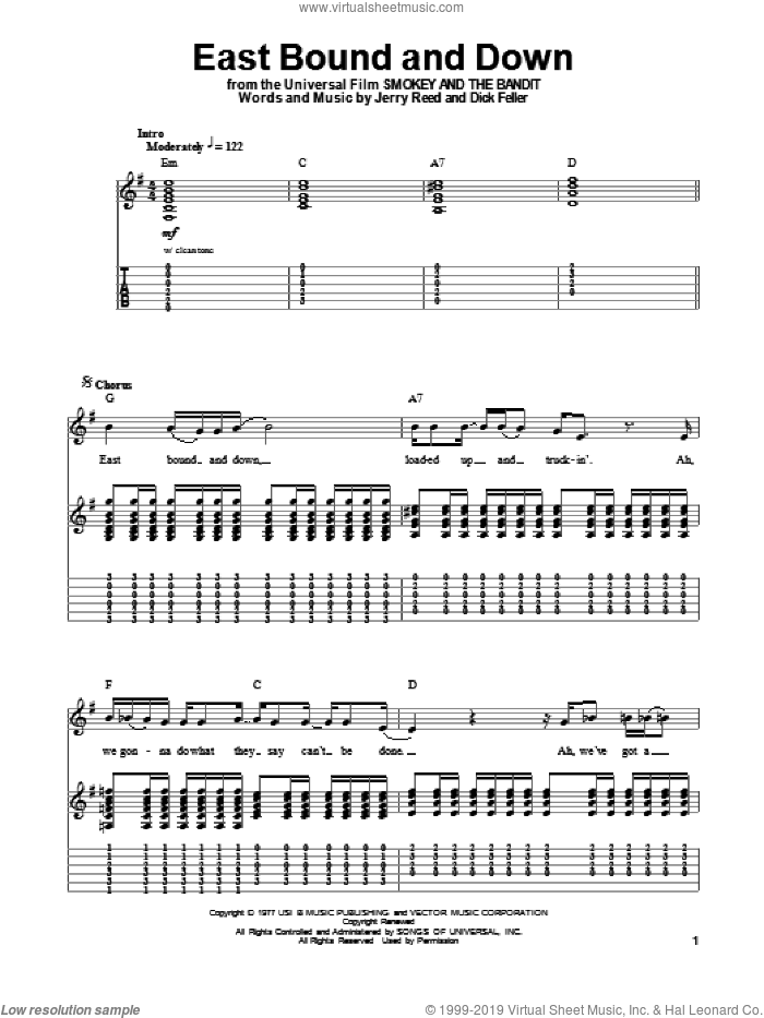 East Bound And Down sheet music for guitar (tablature, play-along) by Jerry Reed and Dick Feller, intermediate skill level