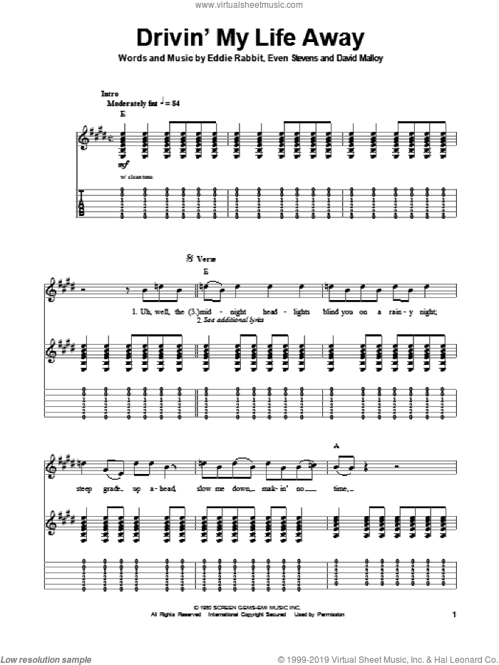 Drivin' My Life Away sheet music for guitar (tablature, play-along) by Eddie Rabbitt, David Malloy and Even Stevens, intermediate skill level