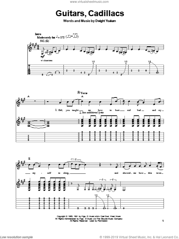 Guitars, Cadillacs sheet music for guitar (tablature, play-along) by Dwight Yoakam, intermediate skill level