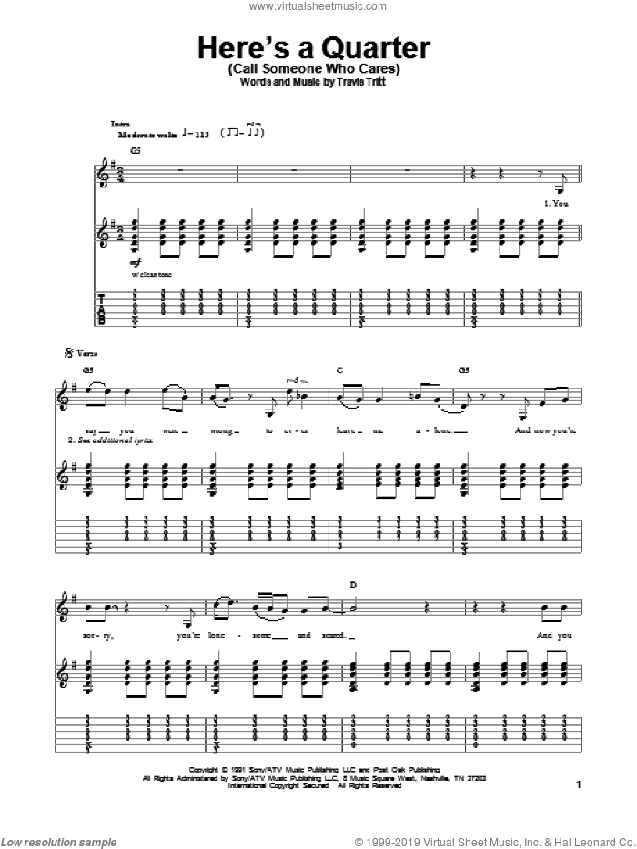 Here's A Quarter (Call Someone Who Cares) sheet music for guitar (tablature, play-along) by Travis Tritt, intermediate skill level