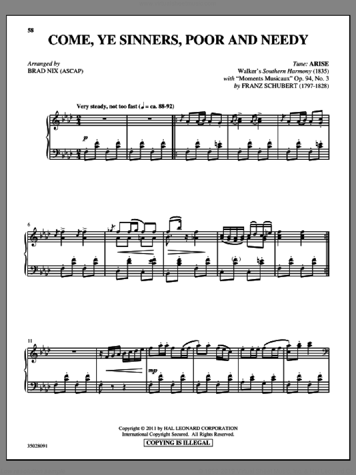 Come, Ye Sinners (Poor And Needy) (with 'Moments Musicaux') sheet music for piano solo by Franz Schubert and Brad Nix, intermediate skill level