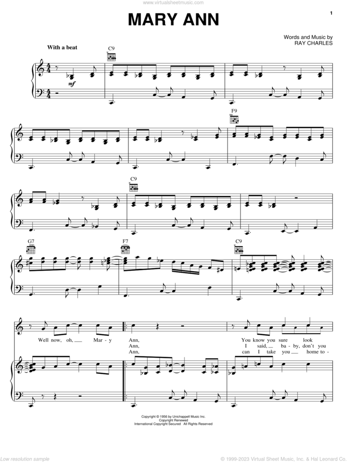 Mary Ann sheet music for voice, piano or guitar by Ray Charles and Ray (Movie), intermediate skill level