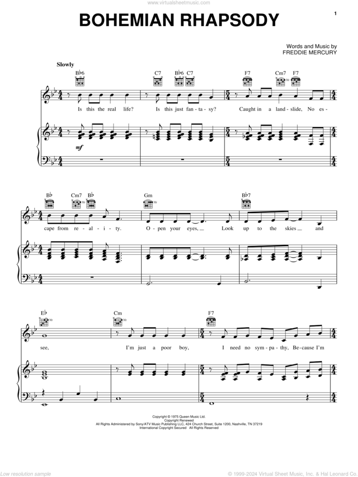 Bohemian Rhapsody sheet music for voice, piano or guitar by Queen and Freddie Mercury, intermediate skill level