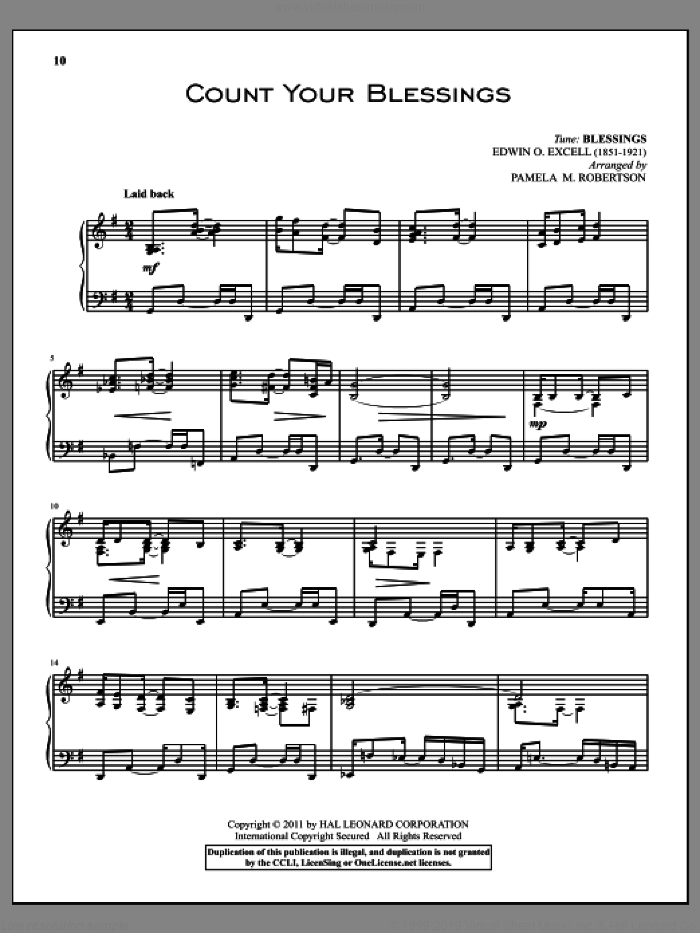 Count Your Blessings, (intermediate) sheet music for piano solo by Edwin O. Excell and Johnson Oatman, Jr., intermediate skill level