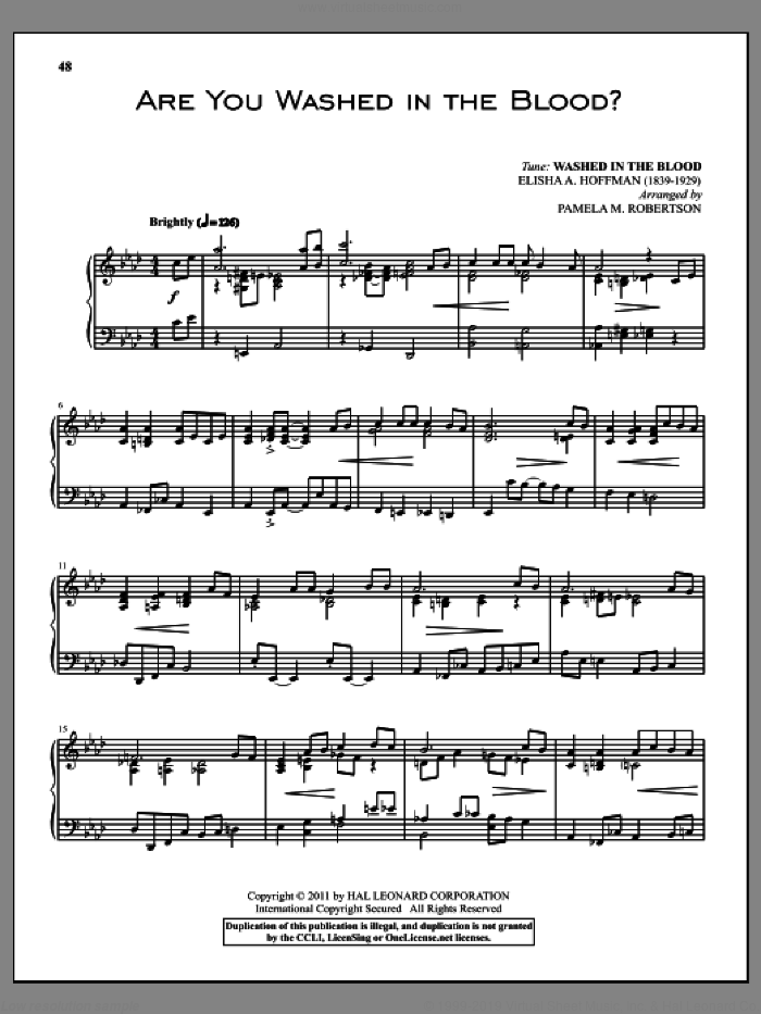 Are You Washed In The Blood? sheet music for piano solo by Elisha A. Hoffman, intermediate skill level